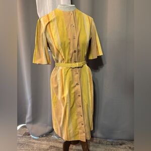 Vintage Striped Belted Shirt Dress in Yellow and Tan